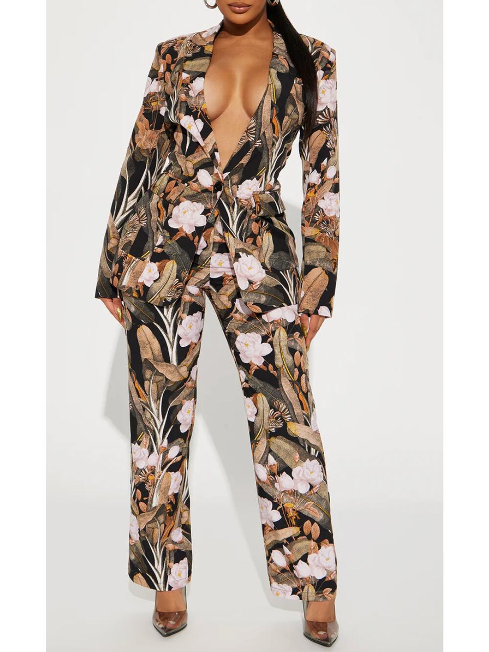 Fashion Nova Always Polished Black 2-Piece Suit Floral Tropical Size Small NWOT